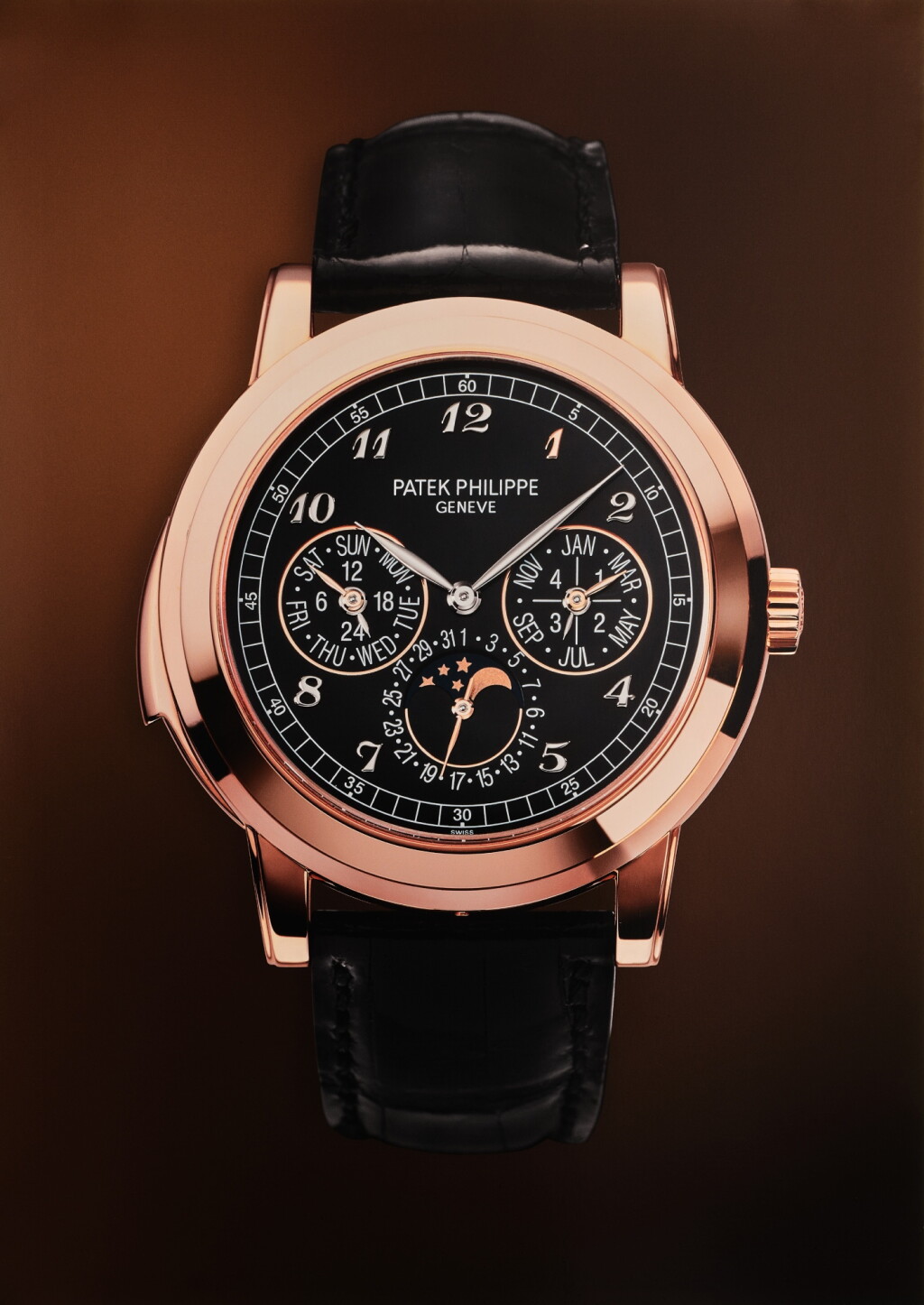 View full screen - View 1 of Lot 2596. Reference 5074R-018 | A possibly unique pink gold minute repeating perpetual calendar wristwatch with cathedral gongs, moon phases, 24 hour, leap year indication and special black dial, In single factory seal, Circa 2017.
