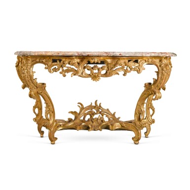 View full screen - View 1 of Lot 16. A Louis XV carved giltwood console table, circa 1750.