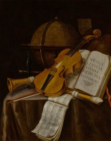 View full screen - View 1 of Lot 25. Vanitas still life with a violin, recorders, music manuscripts, and a globe.