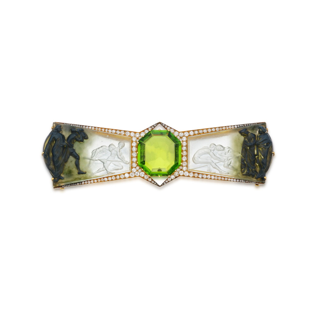 View full screen - View 1 of Lot 57. Peridot, Glass and Diamond 'Le Vol de la Pierre' Brooch.