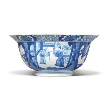 View full screen - View 1 of Lot 830. A BLUE AND WHITE 'FIGURAL' BOWL, QING DYNASTY, KANGXI PERIOD.