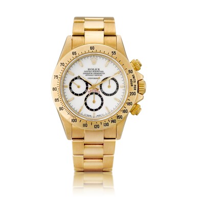 View full screen - View 1 of Lot 2143. Cosmograph Daytona, Reference 16528 | A yellow gold chronograph wristwatch with porcelain dial, suspended logo and bracelet, Circa 1988 | 勞力士 | Cosmograph Daytona 型號16528 | 黃金計時鏈帶腕錶,備 porcelain 錶盤及懸浮標誌,約1988年製.