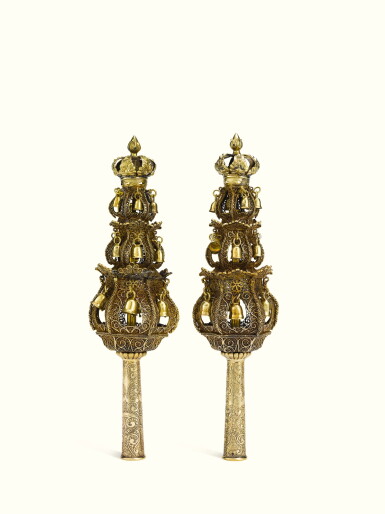 View full screen - View 1 of Lot 22. A PAIR OF DUTCH SILVER-GILT FILIGREE TORAH FINIALS, MID 19TH CENTURY.