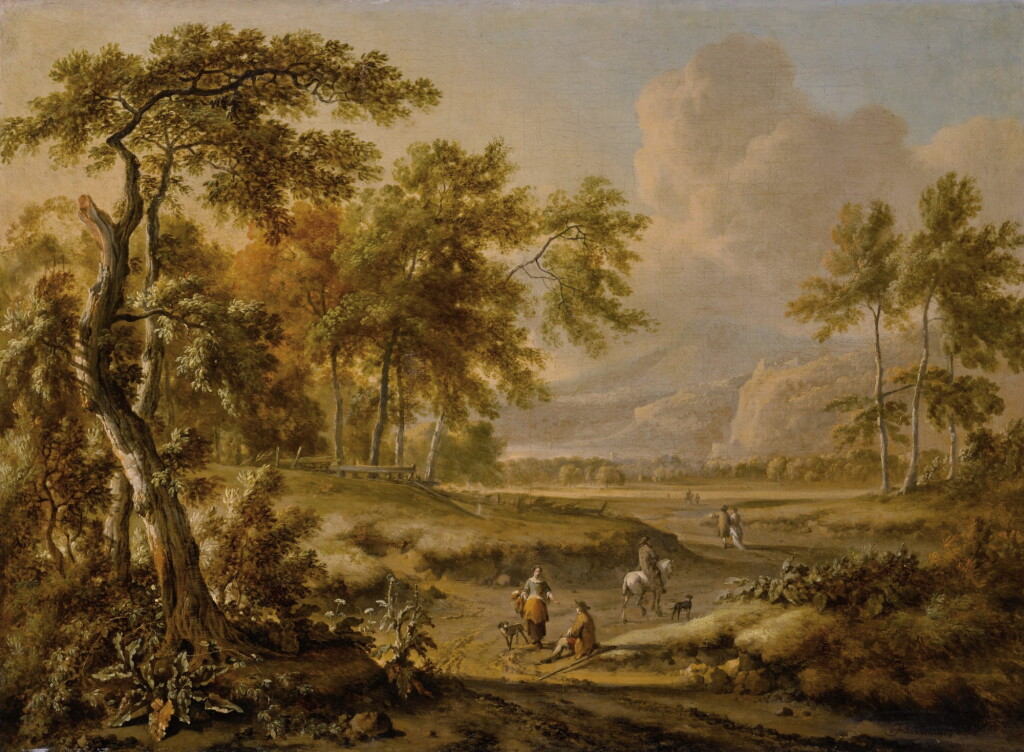 View full screen - View 1 of Lot 45. An extensive landscape with figures on a path in the foreground.