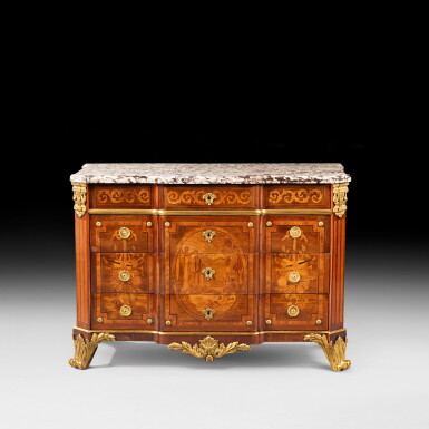 View full screen - View 1 of Lot 222. A Louis XVI gilt-bronze mounted kingwood and tulipwood marquetry commode , Louis XVI, circa 1780, stamped by Christophe Wolff | Commode en marqueterie de bois de violette et bois de rose, monture de bronze doré d'époque Louis XVI, vers 1780, estampille de Christophe Wolff.