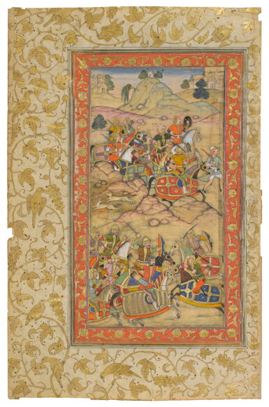View full screen - View 1 of Lot 140. An illustration from the 'British Library/Chester Beatty' Akbarnama, mounted on a leaf from the Farhang-i Jahangiri of 1608: A Mughal army from the Punjab defeats the army of Gakhars and captures Sultan Adam, the painting attributed to Sur Das Gujarati, India, Mughal, the painting circa 1602-03.
