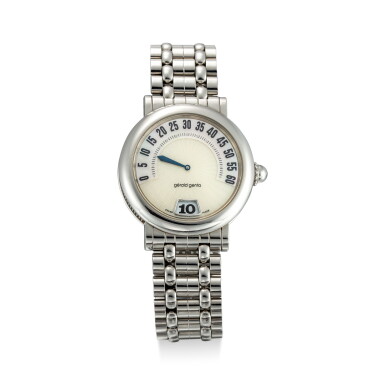 View full screen - View 1 of Lot 616. GERALD GENTA | RETRO, REFERENCE G.3634 A STAINLESS STEEL JUMPING HOUR WRISTWATCH WITH RETROGRADE MINUTE, MOTHER-OF-PEARL DIAL AND BRACELET, CIRCA 1995.