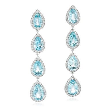 View full screen - View 1 of Lot 87. Pair of aquamarine and diamond earrings.