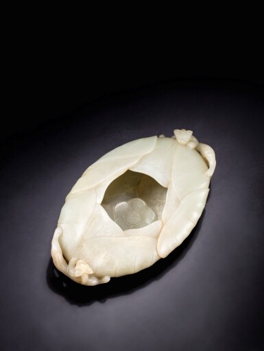 View full screen - View 1 of Lot 12. A pale celadon jade 'chilong' brush washer Qing dynasty, 18th century | 清十八世紀 青白玉螭龍紋蓮式洗.