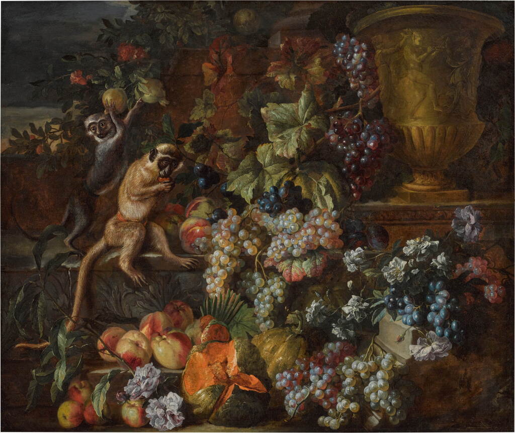 View full screen - View 1 of Lot 20. Still life of grapes, peaches, and melons cascading over a ledge with monkeys picking pomegranates.