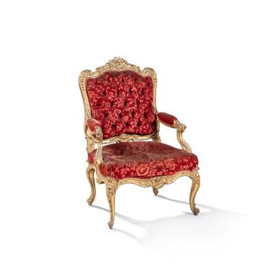 View full screen - View 1 of Lot 45. A Louis XV giltwood armchair, Paris, circa 1740, very probably made for the German market | Fauteuil en hêtre redoré d’époque Louis XV, Paris, vers 1740, très vraisemblablement réalisé pour le marché allemand.