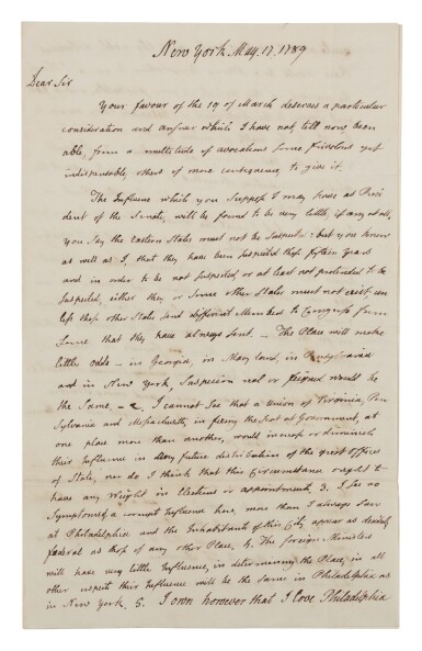 View full screen - View 1 of Lot 2. JOHN ADAMS | In a letter candid even by the standards of his correspondence with Benjamin Rush, John Adams discusses the site of the Federal government, appointments to the first Supreme Court, and his view of the vice presidency.