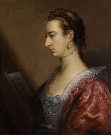 View full screen - View 1 of Lot 75. Portrait of a lady in profile, half length, wearing a pink lace-trimmed gown, reading a book.