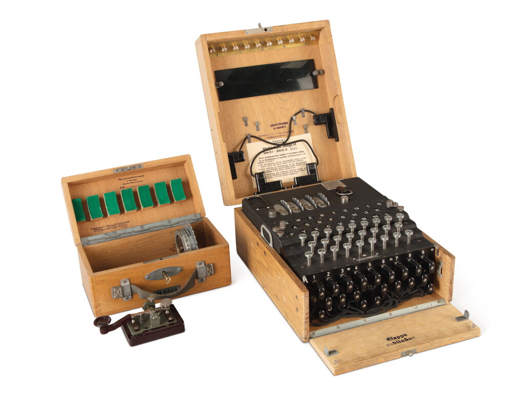 View full screen - View 1 of Lot 37. ENIGMA M4 | A FULLY OPERATIONAL FOUR-ROTOR ("M4") KRIEGSMARINE ENIGMA CIPHER MACHINE. BERLIN-WILMERSDORF, GERMANY, HEIMSOETH UND RINKE, 1942, SEIZED FROM THE BAUAUFSICHT DER KRIEGSMARINE IN TRONDHEIM, NORWAY, AFTER THE CAPITULATION OF NAZI FORCES THERE IN 1945.