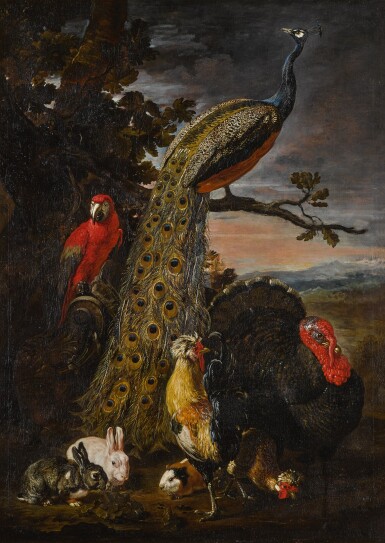 View full screen - View 1 of Lot 36. Landscape with a peacock, parrot, chicken, turkey, two rabbits and a guinea-pig.