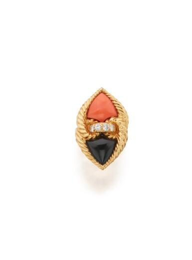 View full screen - View 1 of Lot 22. CORAL, ONYX AND DIAMOND RING, VAN CLEEF & ARPELS, FRANCE.
