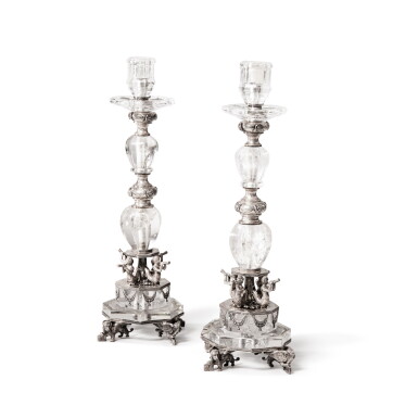 View full screen - View 1 of Lot 466. A pair of Austro-Hungarian silver-mounted rock crystal candlesticks, circa 1860.