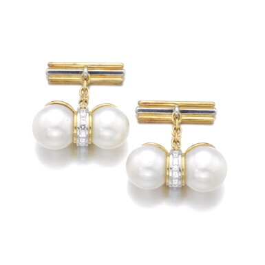 View full screen - View 1 of Lot 1208. Pair of cultured pearl and diamond cufflinks.