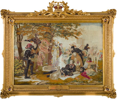 View full screen - View 1 of Lot 120. A large historical woolwork and glass bead needlework picture panel, second half 19th century, depicting ‘Mary Queen of Scots weeping over the dying Douglas at the Battle of Langside, 1568’, after Charles Landseer (1799-1879).