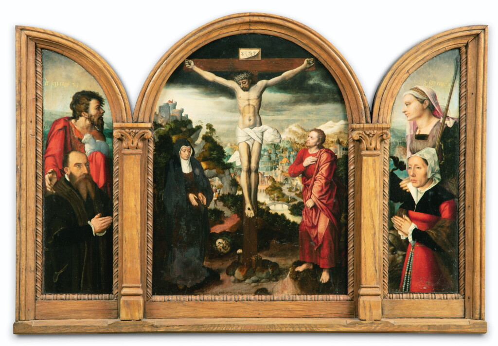 全螢幕檢視 - 查看7ATTRIBUTED TO PIETER CLAEISSENS THE ELDER (1500-1576) AND NORTH NETHERLANDS SCHOOL, CIRCA 1550 | A PORTABLE TRIPTYCH: THE CRUCIFIXION (CENTRAL PANEL); DONATOR WITH ST JOHN THE BAPTIST (LEFT WING); DONATOR WITH ST MARGUERITE OF ANTIOCHE (RIGHT WING)的1