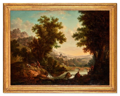 View full screen - View 1 of Lot 106. Artist Sketching in a River Landscape with a Bridge and Castle Beyond and Country Folk and Grazing Sheep in a Lake Landscape (A Pair) .