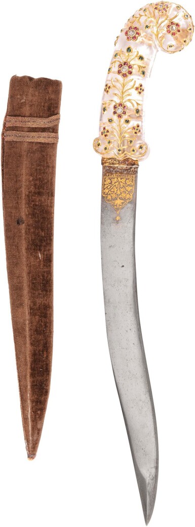 View full screen - View 1 of Lot 129. A Mughal gem-set rock crystal-hilted dagger and scabbard, India, 18th century.