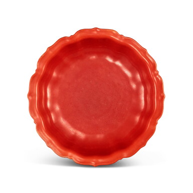 View full screen - View 1 of Lot 401. A rare coral-red glazed lobed basin, Qing dynasty, 18th century 清十八世紀 珊瑚紅釉葵口盆.