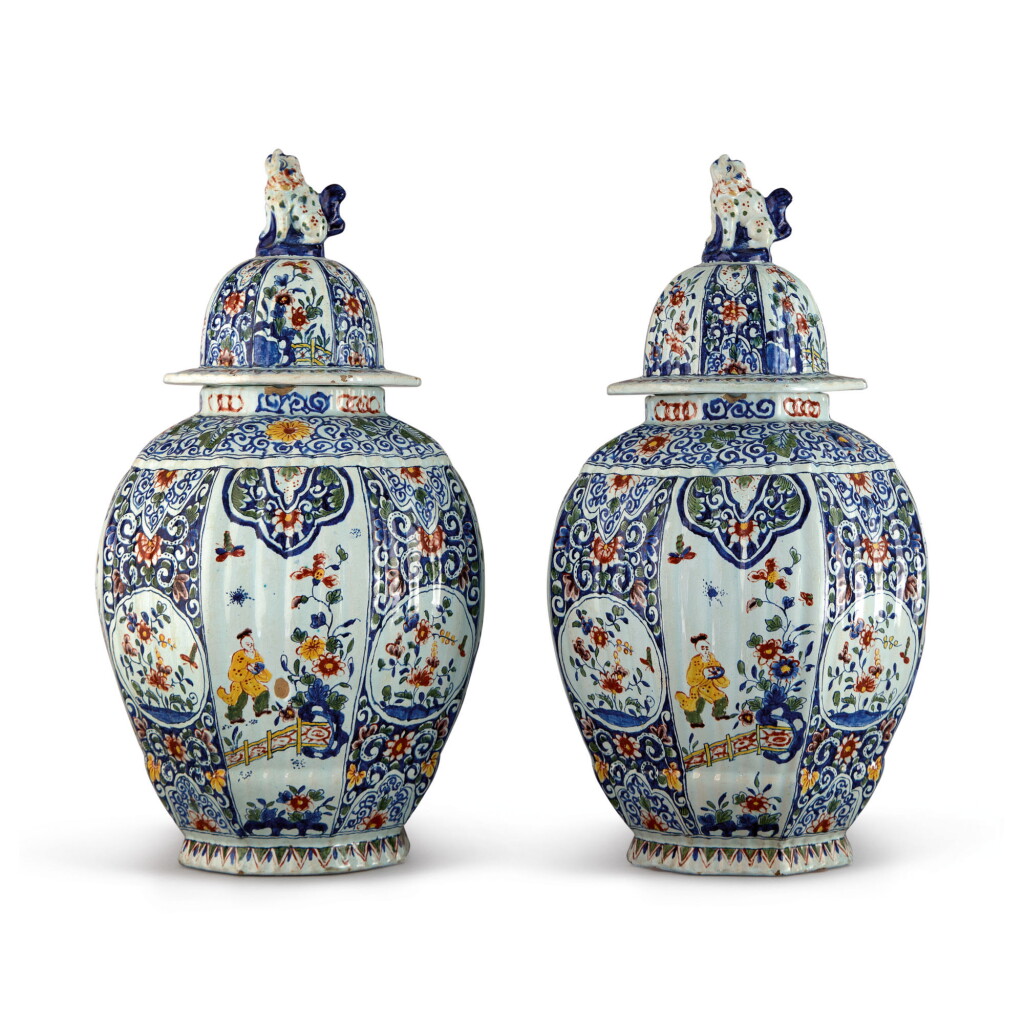 View full screen - View 1 of Lot 558. A PAIR OF DUTCH DELFT POLYCHROME OCTAGONAL VASES AND COVERS, 19TH CENTURY.