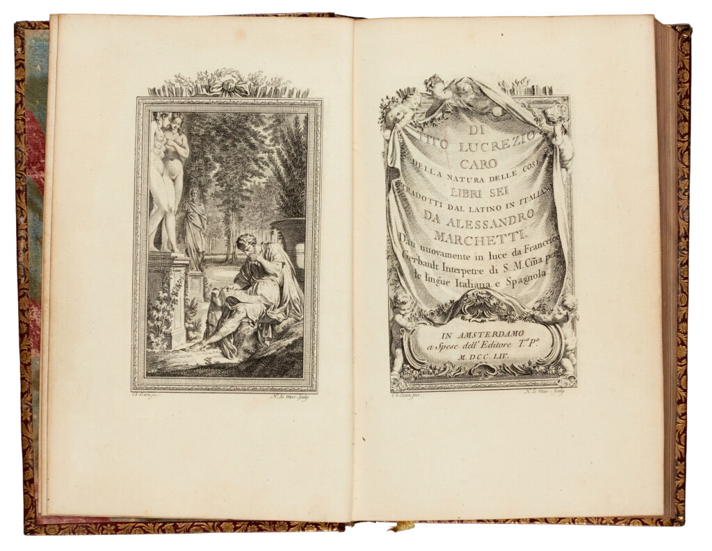 View full screen - View 1 of Lot 133. Lucretius | Della natura delle cose, Amsterdam, 1754, 2 volumes, red morocco gilt by Louis Douceur.