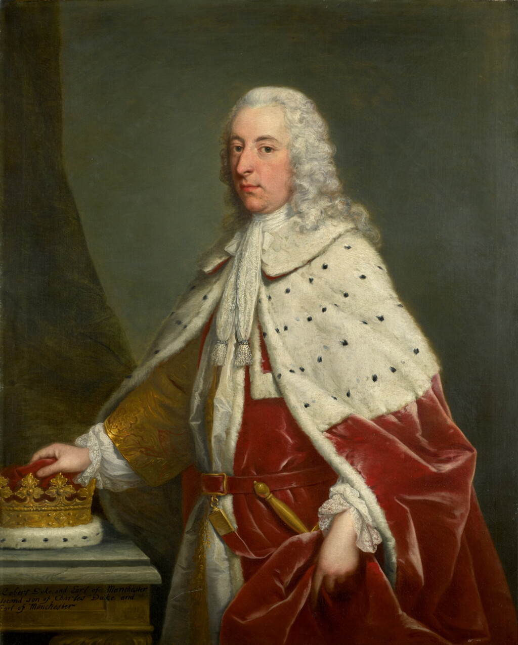 View full screen - View 1 of Lot 79. ANDREA SOLDI | Portrait of Robert Montagu, 6th Earl and 3rd Duke of Manchester (1710-62), three-quarter-length, wearing State robes, with a ducal coronet.