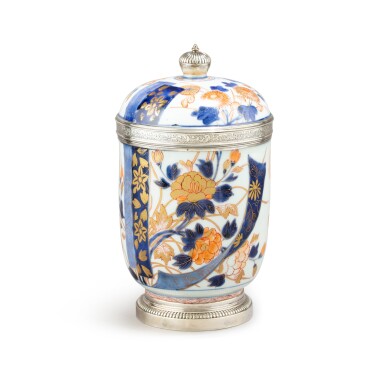 View full screen - View 1 of Lot 853. A French silver-mounted Imari porcelain pot and cover, the porcelain, Japan, early 18th century, the silver mounts, Paris, 1717-1722.