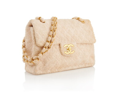 View full screen - View 1 of Lot 13. CHANEL | LIGHT BLUSH PINK TERRY CLOTH FABRIC CLASSIC SHOULDER BAG .