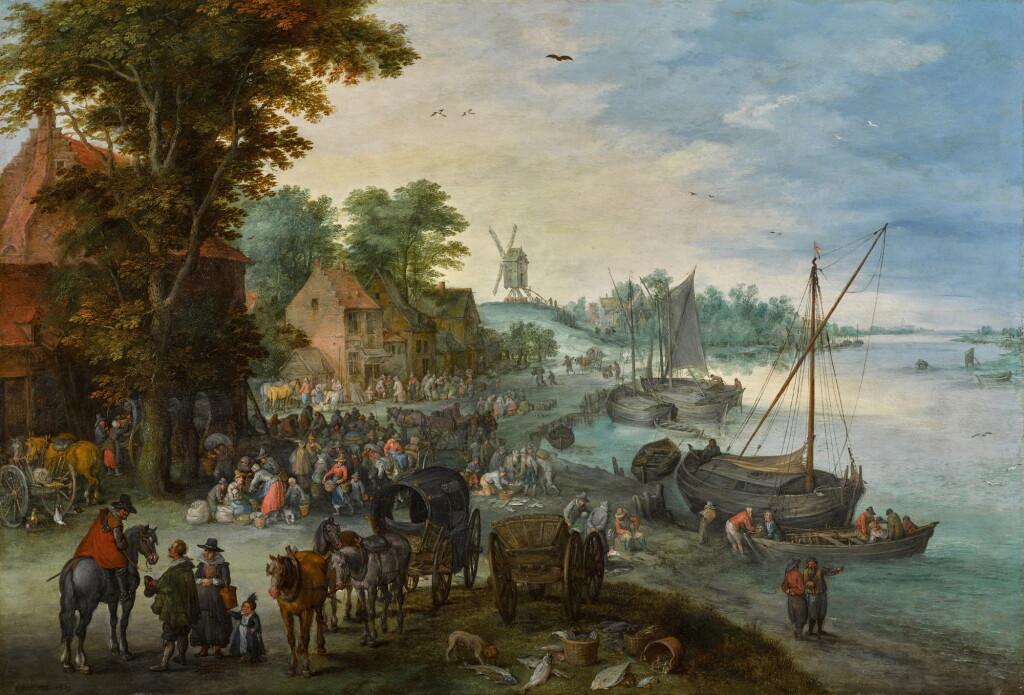 View full screen - View 1 of Lot 24. A wooded river landscape with a fish market and fishing boats near a village.