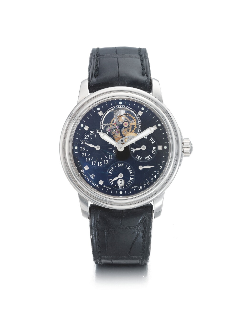 View full screen - View 1 of Lot 7. BLANCPAIN | A LIMITED EDITION WHITE GOLD PERPETUAL CALENDAR TOURBILLON WRISTWATCH WITH 8-DAY POWER RESERVE INDICATION CIRCA 2003.