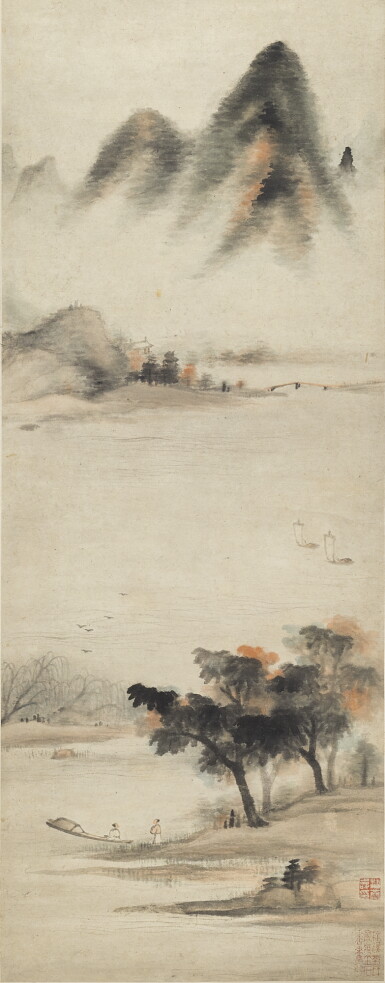 View full screen - View 1 of Lot 2553. PANG GONGSHOU (1741-1974); WANG WENZHI (1730-1802) 潘恭壽繪;王文治題 | LANDSCAPE AFTER MI FU 江干送別圖.