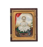 ATTRIBUTED TO MRS. MOSES B. RUSSELL (CLARISSA PETERS) | MINIATURE PORTRAIT OF A GIRL IN A WHITE DRESS WITH HER CAT AND DOG