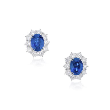 View full screen - View 1 of Lot 950. Pair of sapphire and diamond earrings.