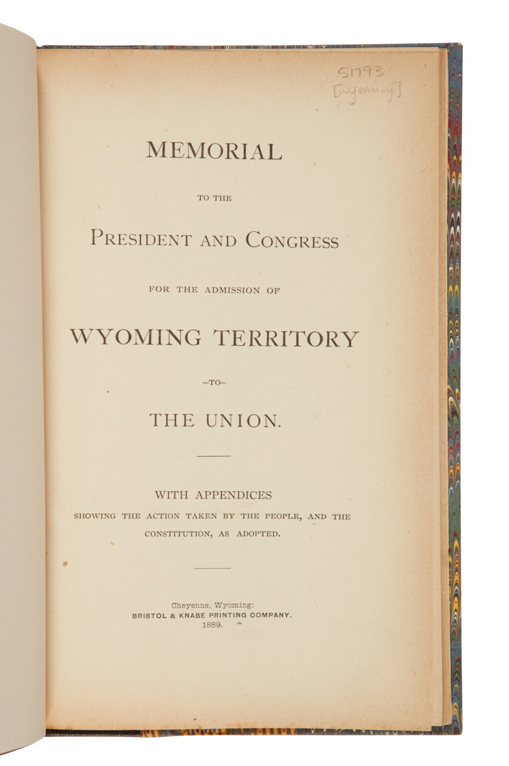 View full screen - View 1 of Lot 258. Wyoming | A memorial "praying for the admission of Wyoming into the Union of States".