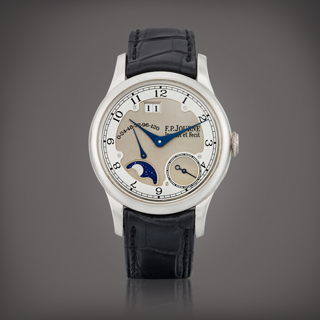 View full screen - View 1 of Lot 2166. Octa Divine | A platinum wristwatch with date, moon phases, power reserve indication and brass movement, Circa 2004 | F.P. Journe | Octa Divine | 鉑金腕錶,備日期、月相、動力儲備顯示及銅製機芯,約2004年製.