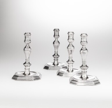 View full screen - View 1 of Lot 269. A set of four Queen Anne silver candlesticks, Pierre Harache II, London, 1702.