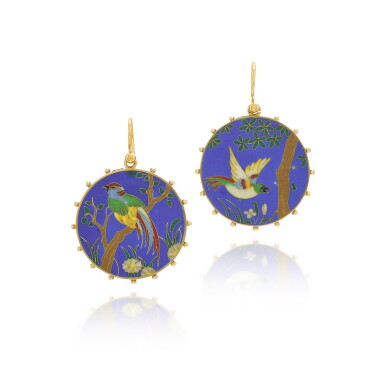 View full screen - View 1 of Lot 87. Japonisme gold and enamel earrings, circa 1870. .