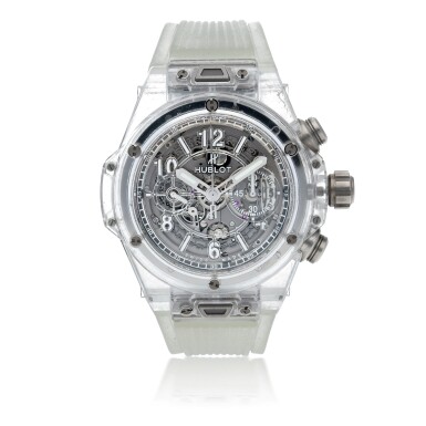 View full screen - View 1 of Lot 498. Big Bang Unico Sapphire, Ref. 411.JX.1170.RX Limited edition sapphire crystal skeletonized flyback chronograph wristwatch with date Circa 2016 | 宇舶 411.JX.1170.RX型號「Big Bang Unico Sapphire」限量版藍寶石及水晶鏤空飛返計時腕錶備日期顯示,年份約2016.