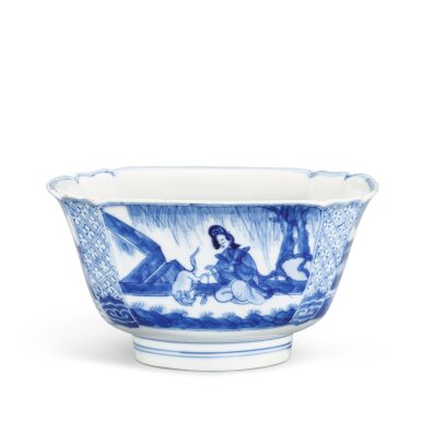View full screen - View 1 of Lot 469. A blue and white 'ladies' square bowl, Mark and period of Kangxi 清康熙 青花庭園仕女圖倭角方盌 《大清康熙年製》款.