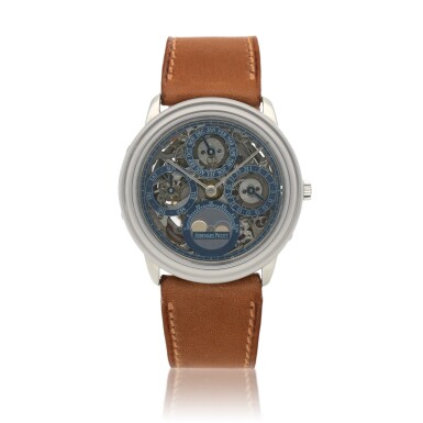 View full screen - View 1 of Lot 47. Quantième Perpetual Automatique, Ref. 25668PT Platinum squeletonized perpetual calendar wristwatch with moon phases Circa 1988 | 愛彼 | 25668PT型號「Quantième Perpetual Automatique」鉑金鏤空萬年曆腕錶備月相顯示,年份約1988.