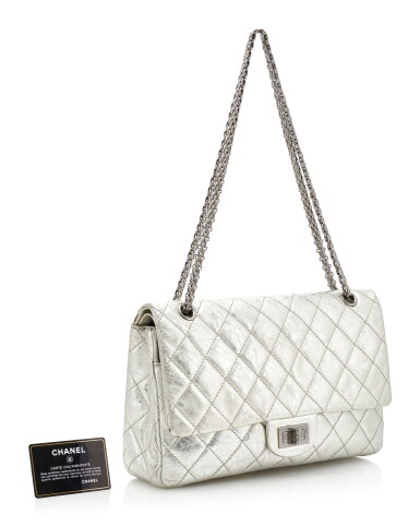 View full screen - View 1 of Lot 83. CHANEL | SILVER CRINCKLED LEATHER AND DARK TONE METAL 2.55 REISSUE SHOULDER BAG.