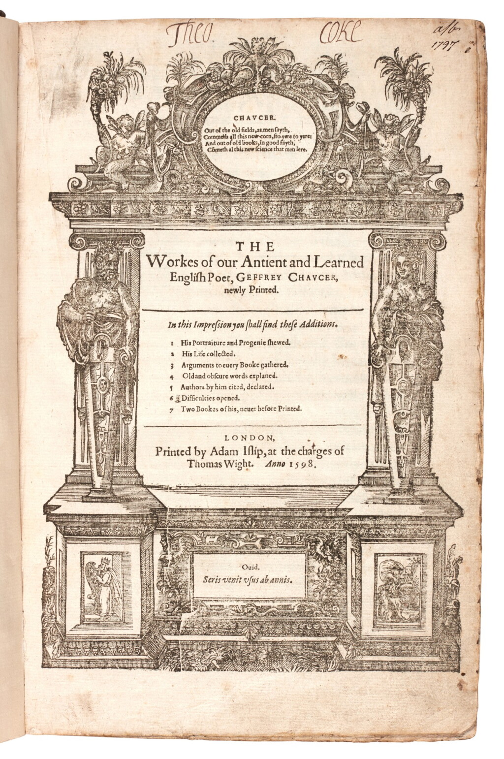 View full screen - View 1 of Lot 141. Chaucer, The workes, London, 1598, contemporary calf gilt, Theophila Coke's copy.