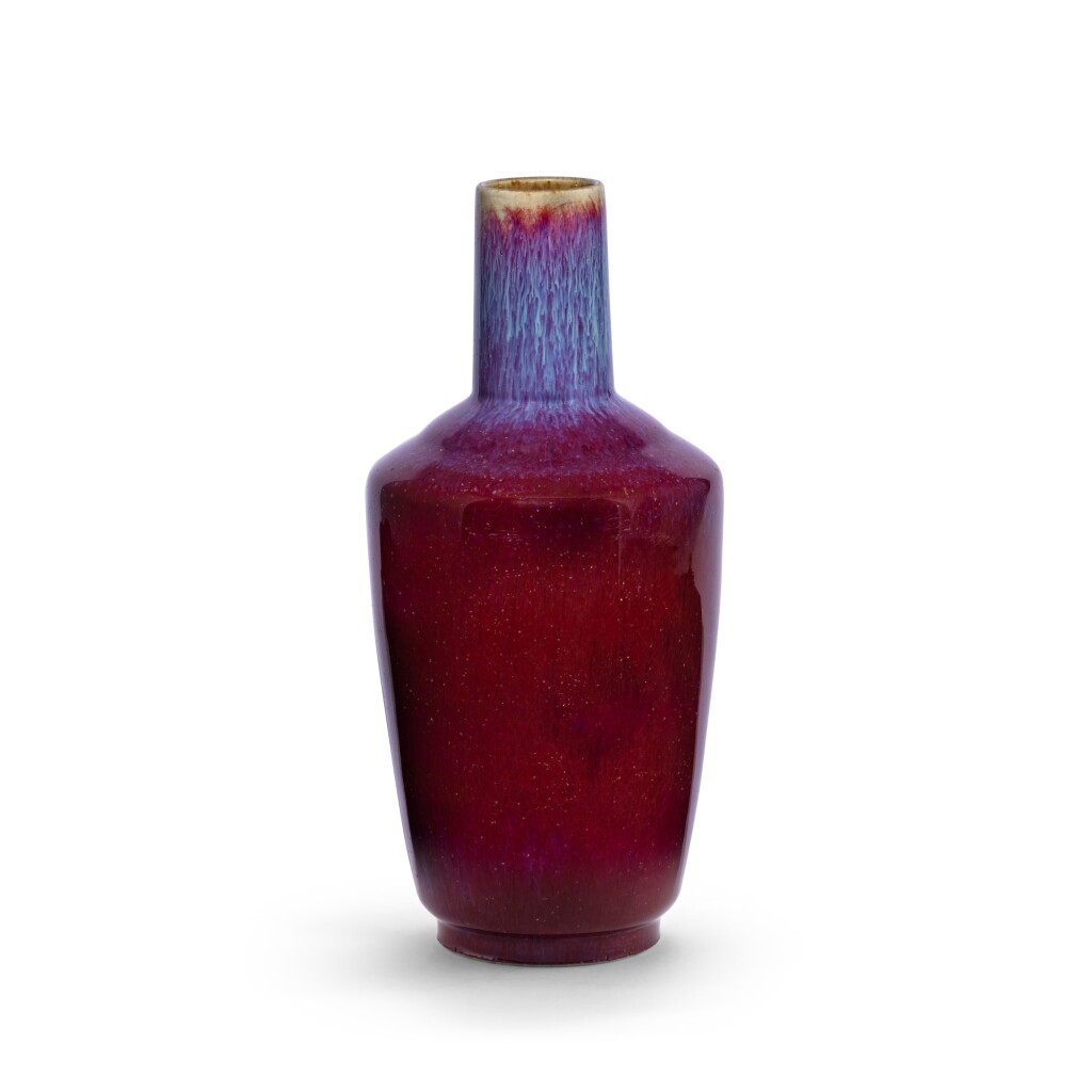 View full screen - View 1 of Lot 174. A flambé-glazed bottle vase, Seal mark and period of Qianlong | 清乾隆 窰變釉直頸折肩瓶《大清乾隆年製》款.