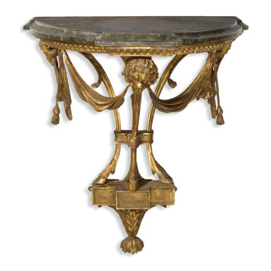 View full screen - View 1 of Lot 581. A GEORGE III GILTWOOD WALL BRACKET WITH A SIMULATED GREEN MARBLE TOP, CIRCA 1780.