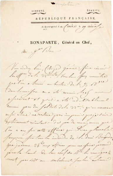 View full screen - View 1 of Lot 104. Napoleon I | Letter signed, ordering further investigation into the murder of civilians, to General Bon, Cairo, 1799.