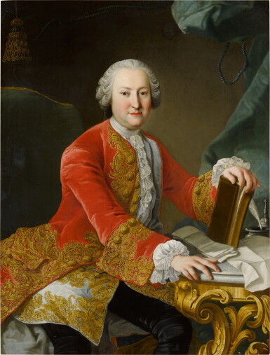 View full screen - View 1 of Lot 150. Portrait of a nobleman, wearing a red jacket and a white waistcoat and cravat beside a marble table, his hand resting on a book.